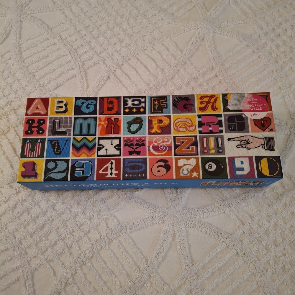 Galison Needlepoint A To Z 1000 Piece Panoramic Jigsaw Puzzle Complete 39"x 14"